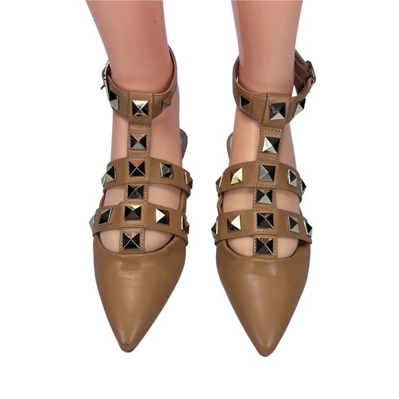 Tan Studded Pointed-Toe Ankle Strap Flats By MIX No.6 Size 7.5 Faux Leather Wome - Picture 3 of 7